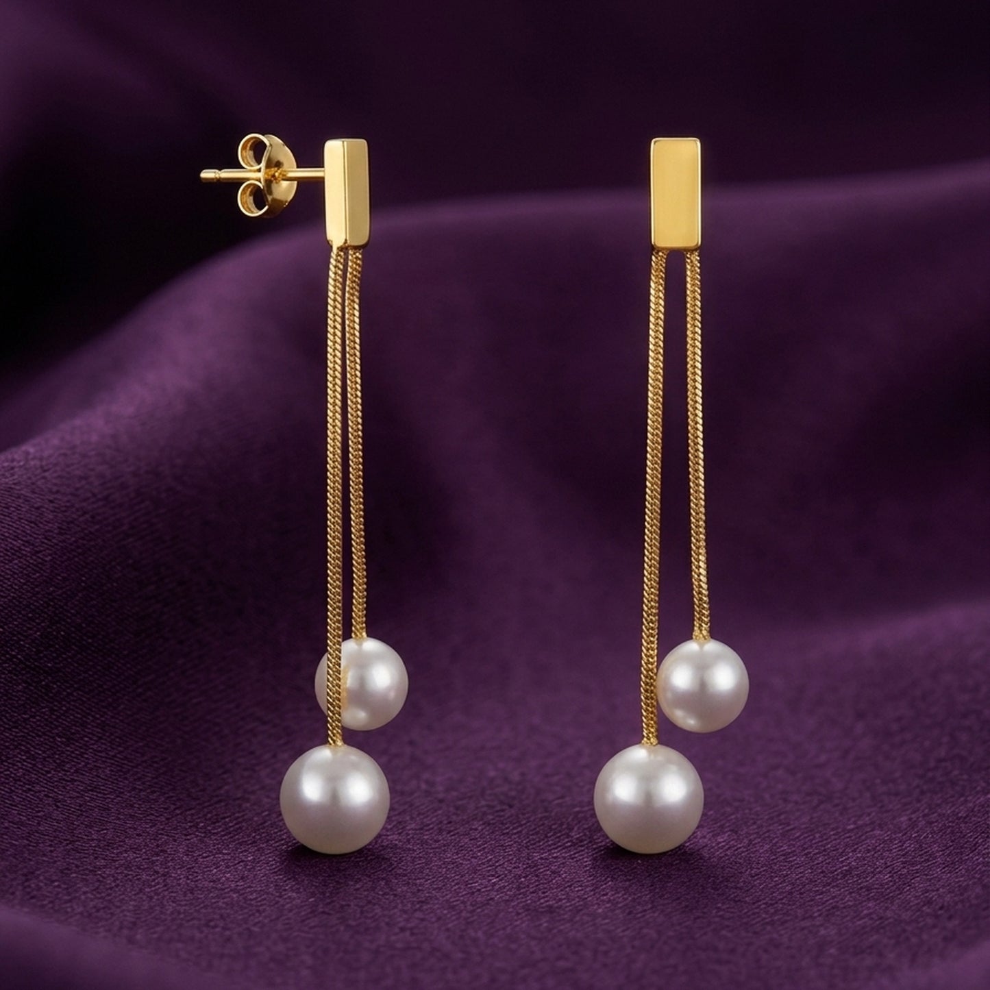 18K Gold Plated Bar Stud Double Snake Chain Pearl Drop Earrings