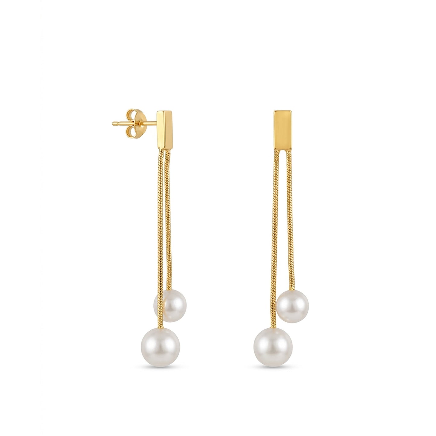 18K Gold Plated Bar Stud Double Snake Chain Pearl Drop Earrings
