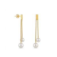 18K Gold Plated Bar Stud Double Snake Chain Pearl Drop Earrings