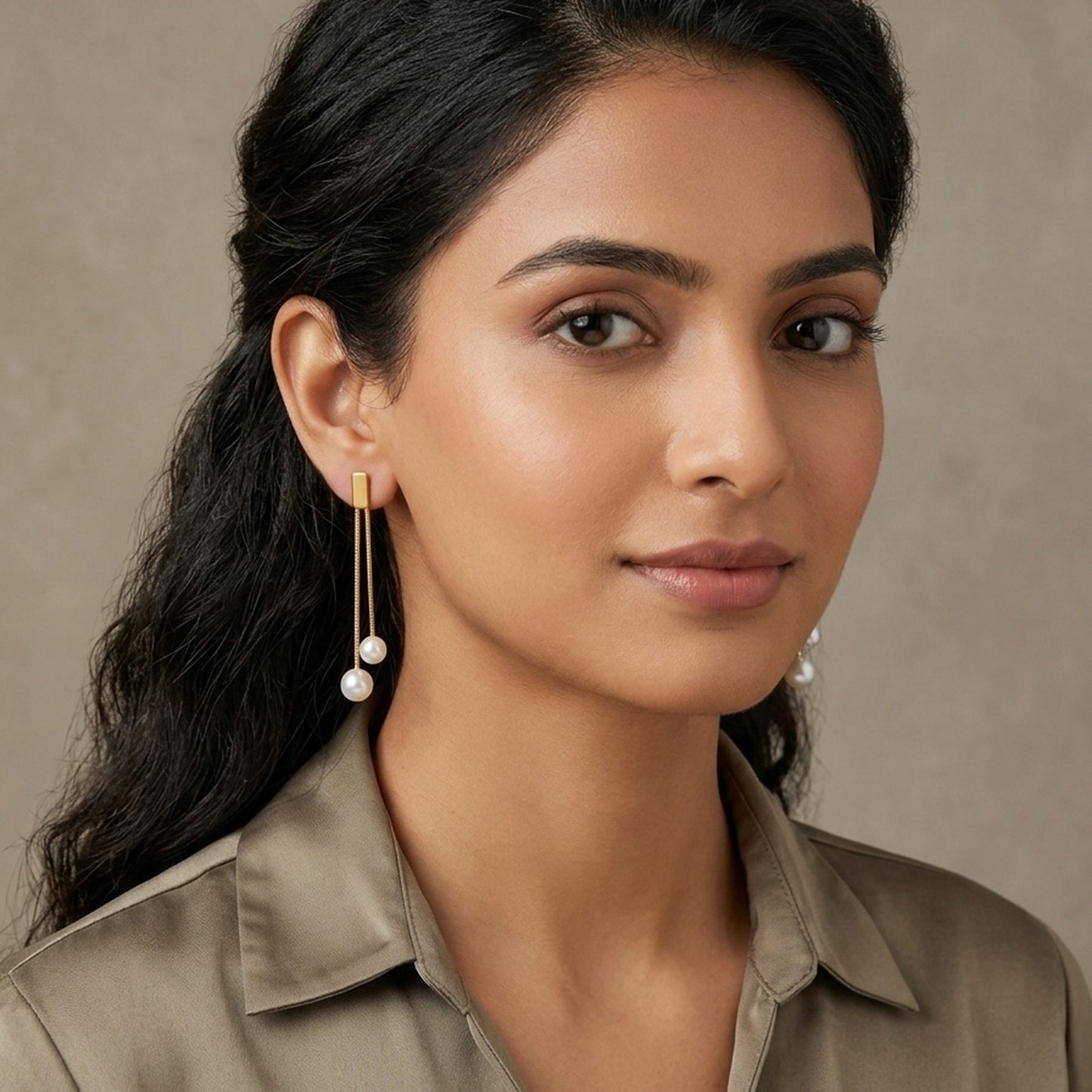 18K Gold Plated Bar Stud Double Snake Chain Pearl Drop Earrings