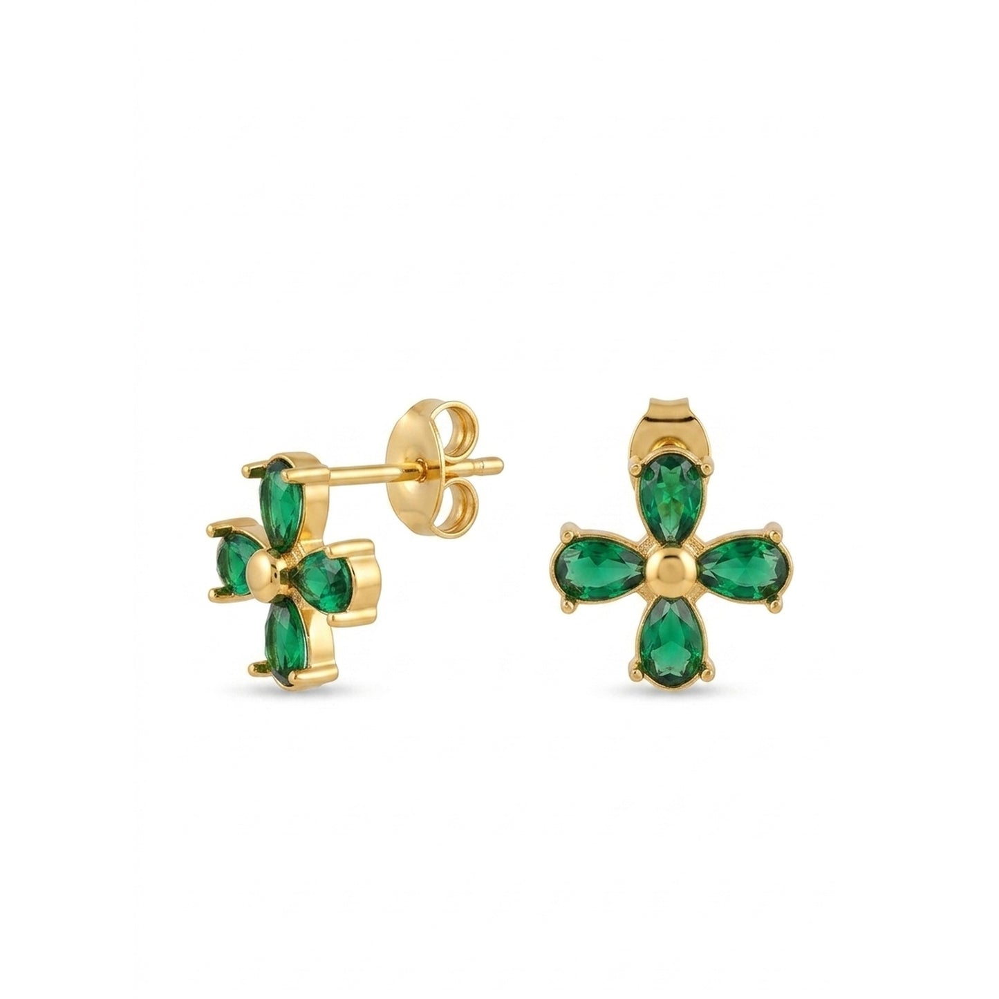 18K Gold Plated Emerald Green Pear CZ Cross Clover Stud Earrings