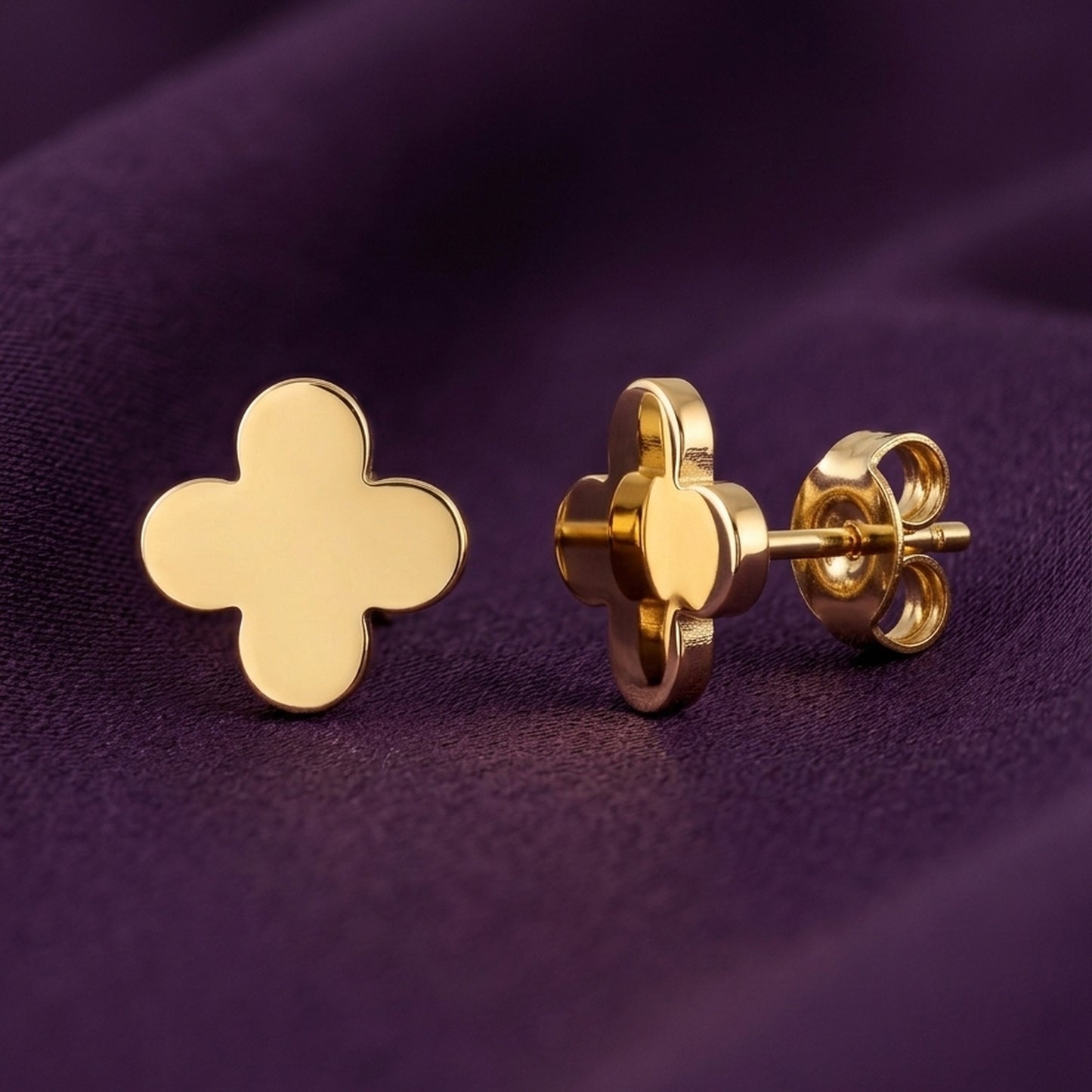 18K Gold Plated Solid Clover Quatrefoil Stud Earrings