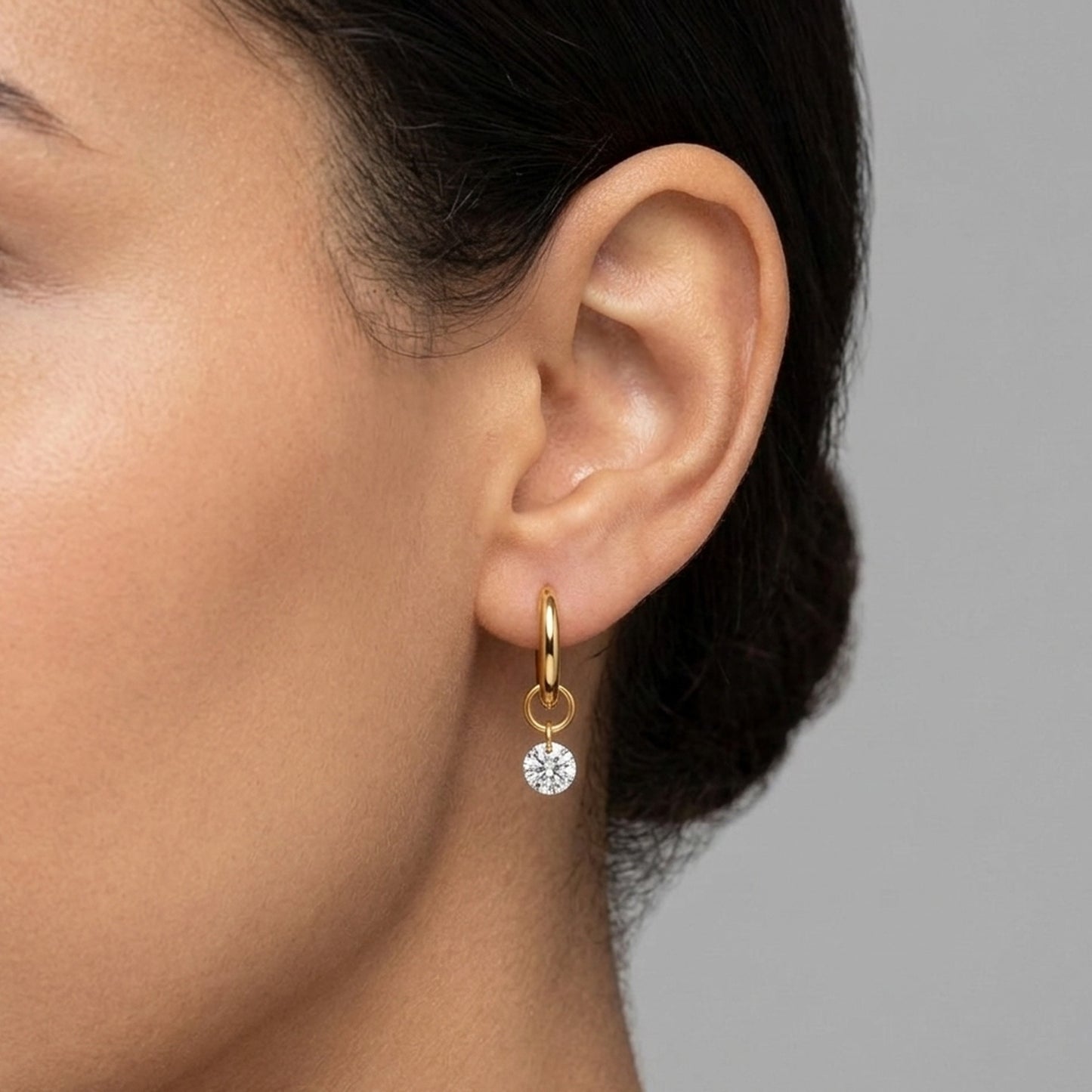18K Gold Plated Round CZ Solitaire Charm Hoop Earrings
