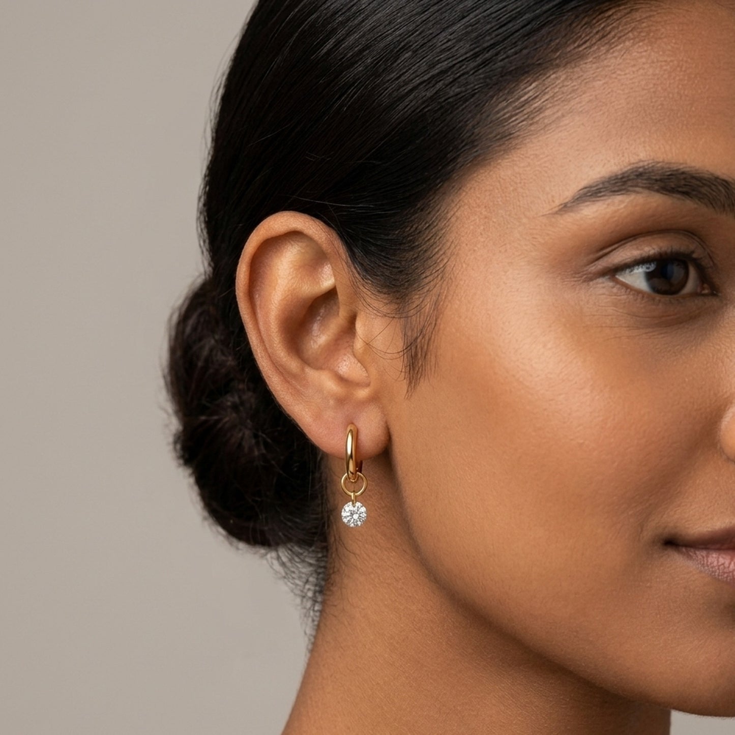 18K Gold Plated Round CZ Solitaire Charm Hoop Earrings