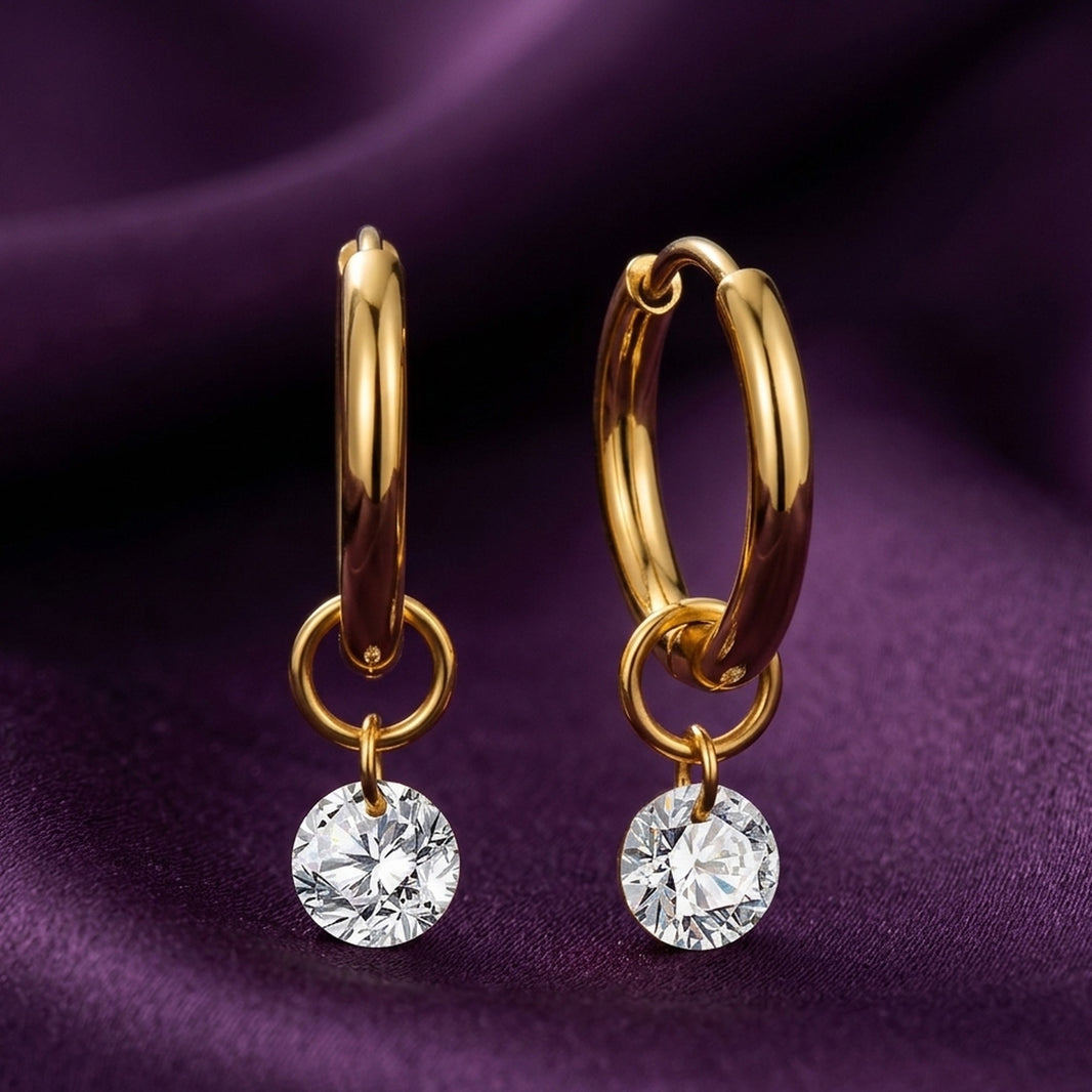 18K Gold Plated Round CZ Solitaire Charm Hoop Earrings
