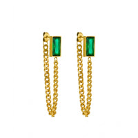 18K Gold Plated Emerald Green Baguette CZ Curb Chain Drop Earrings