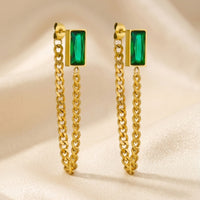 18K Gold Plated Emerald Green Baguette CZ Curb Chain Drop Earrings
