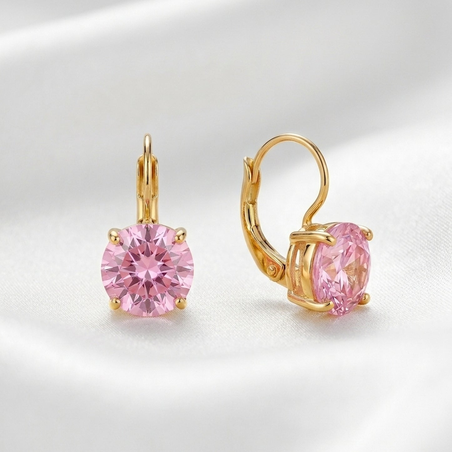 18K Gold Plated Pink Cushion CZ Leverback Drop Earrings