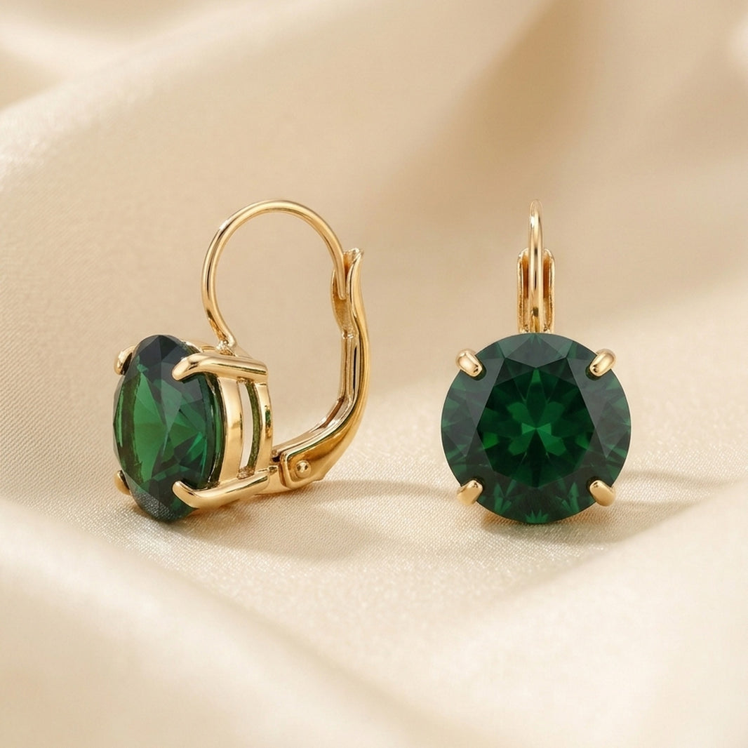 18K Gold Plated Emerald Green Round CZ Leverback Drop Earrings