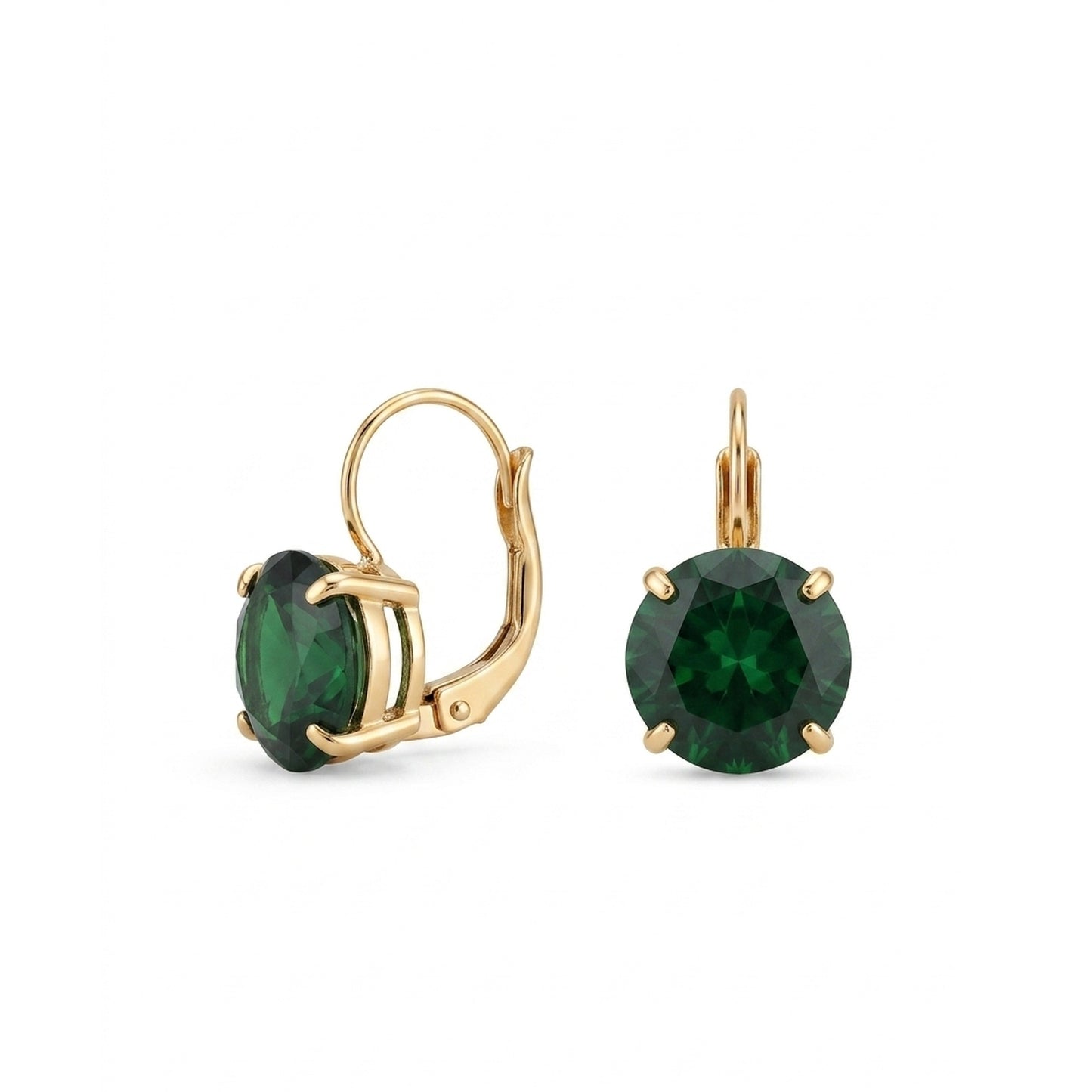 18K Gold Plated Emerald Green Round CZ Leverback Drop Earrings