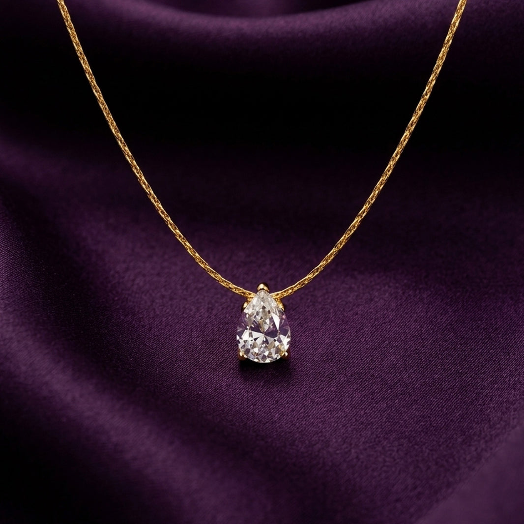 18K Gold Plated Pear CZ Solitaire Prong Pendant Necklace