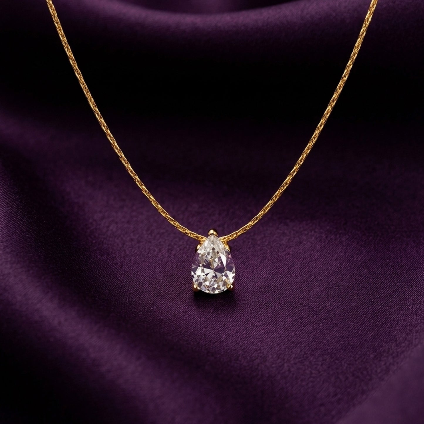 18K Gold Plated Pear CZ Solitaire Prong Pendant Necklace