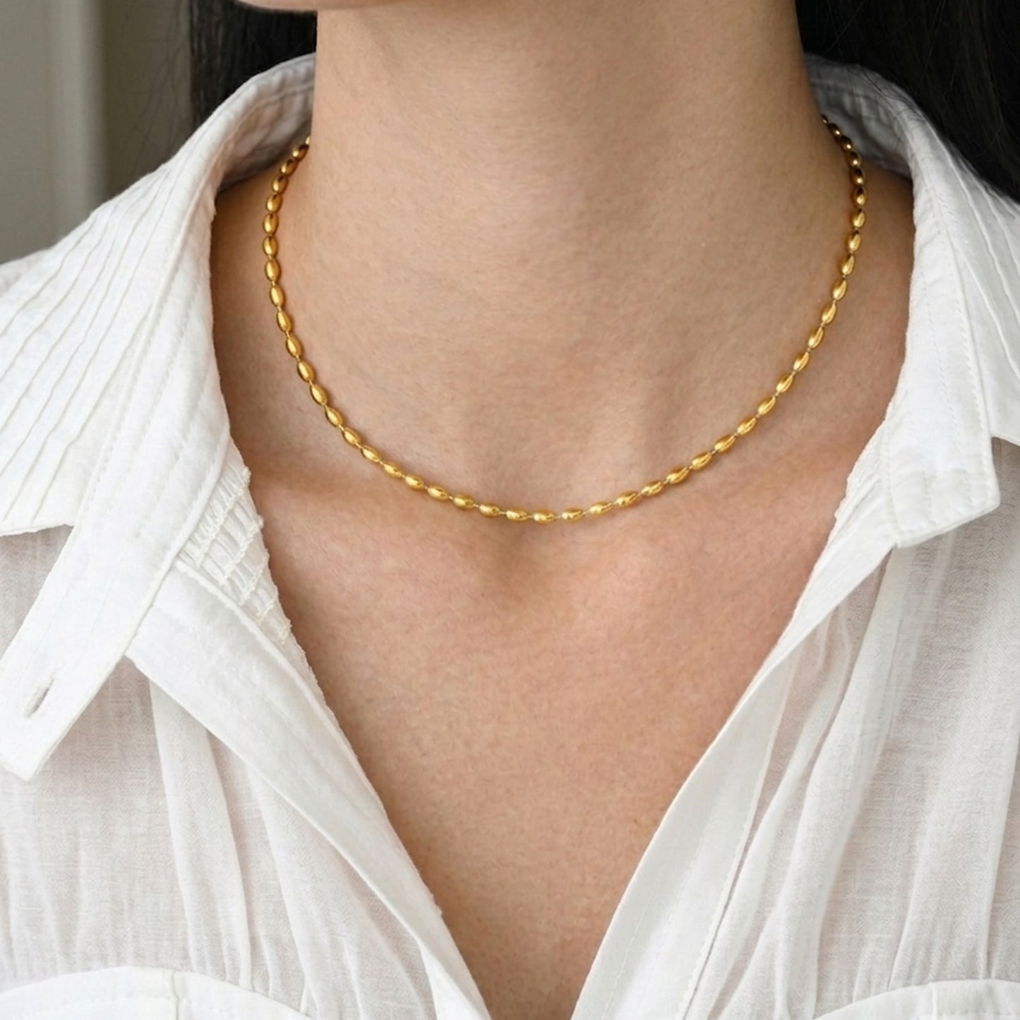 18K Gold Plated Textured Oval Rice Bead Chain Necklace