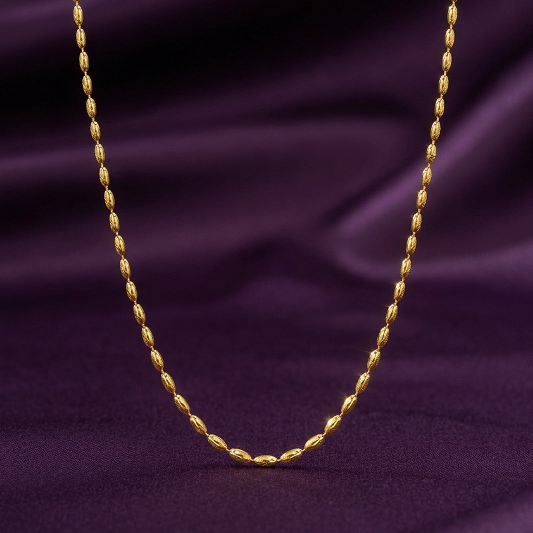 18K Gold Plated Textured Oval Rice Bead Chain Necklace