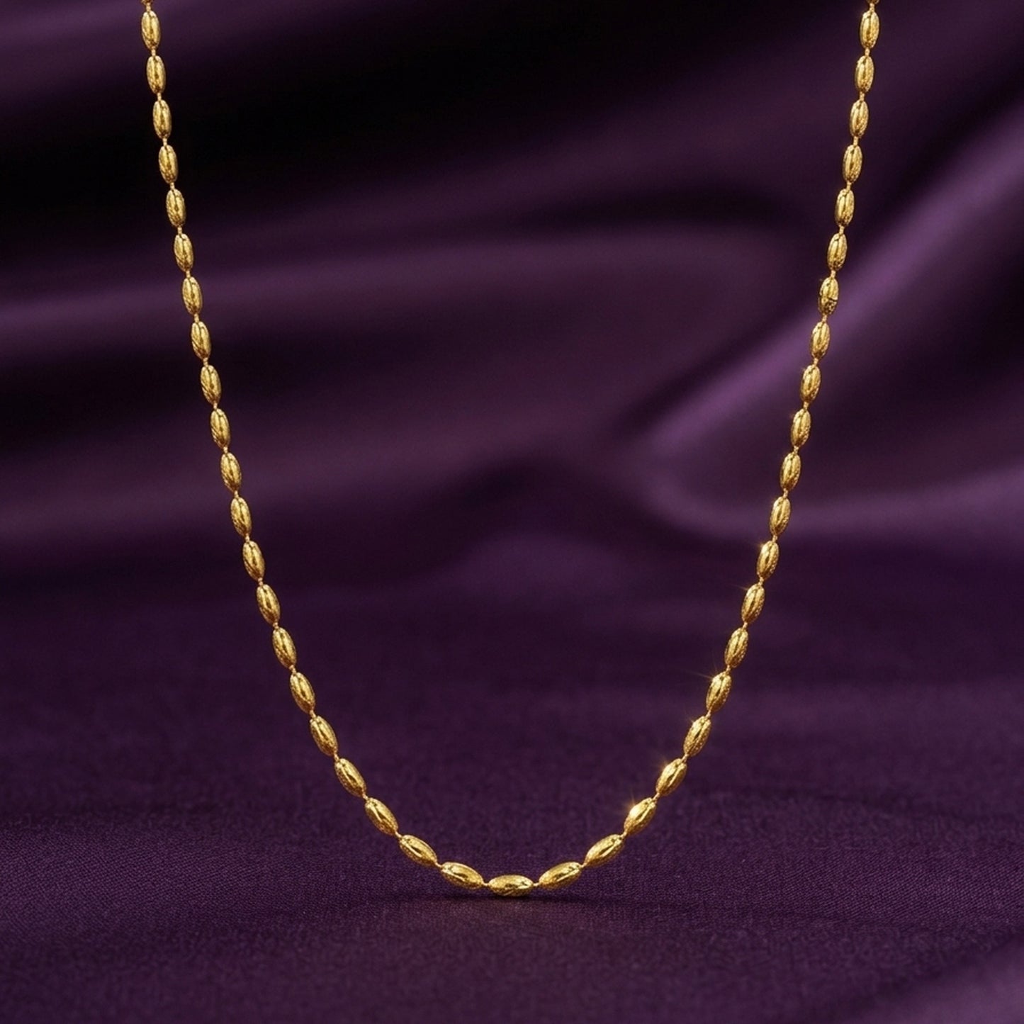 18K Gold Plated Textured Oval Rice Bead Chain Necklace