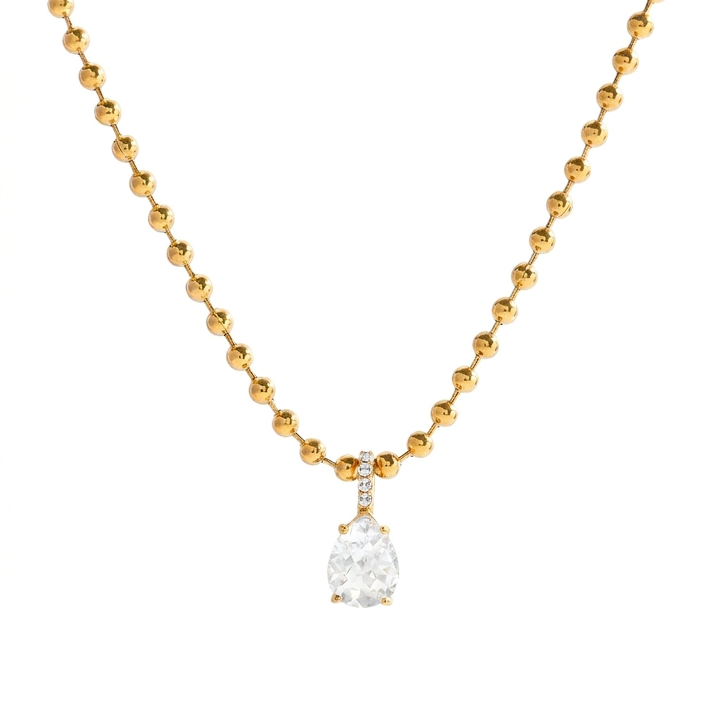 18K Gold Plated Ball Bead Chain Pear CZ Bar Pendant Necklace