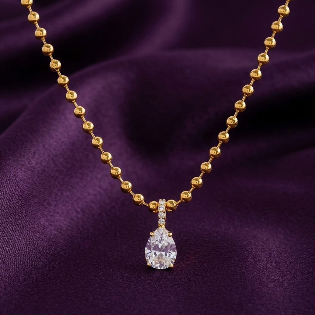 18K Gold Plated Ball Bead Chain Pear CZ Bar Pendant Necklace