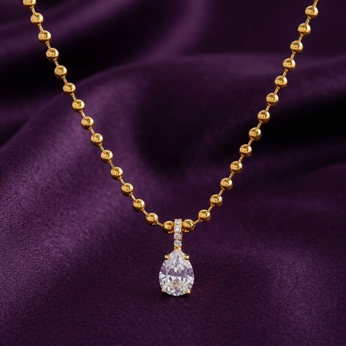 18K Gold Plated Ball Bead Chain Pear CZ Bar Pendant Necklace