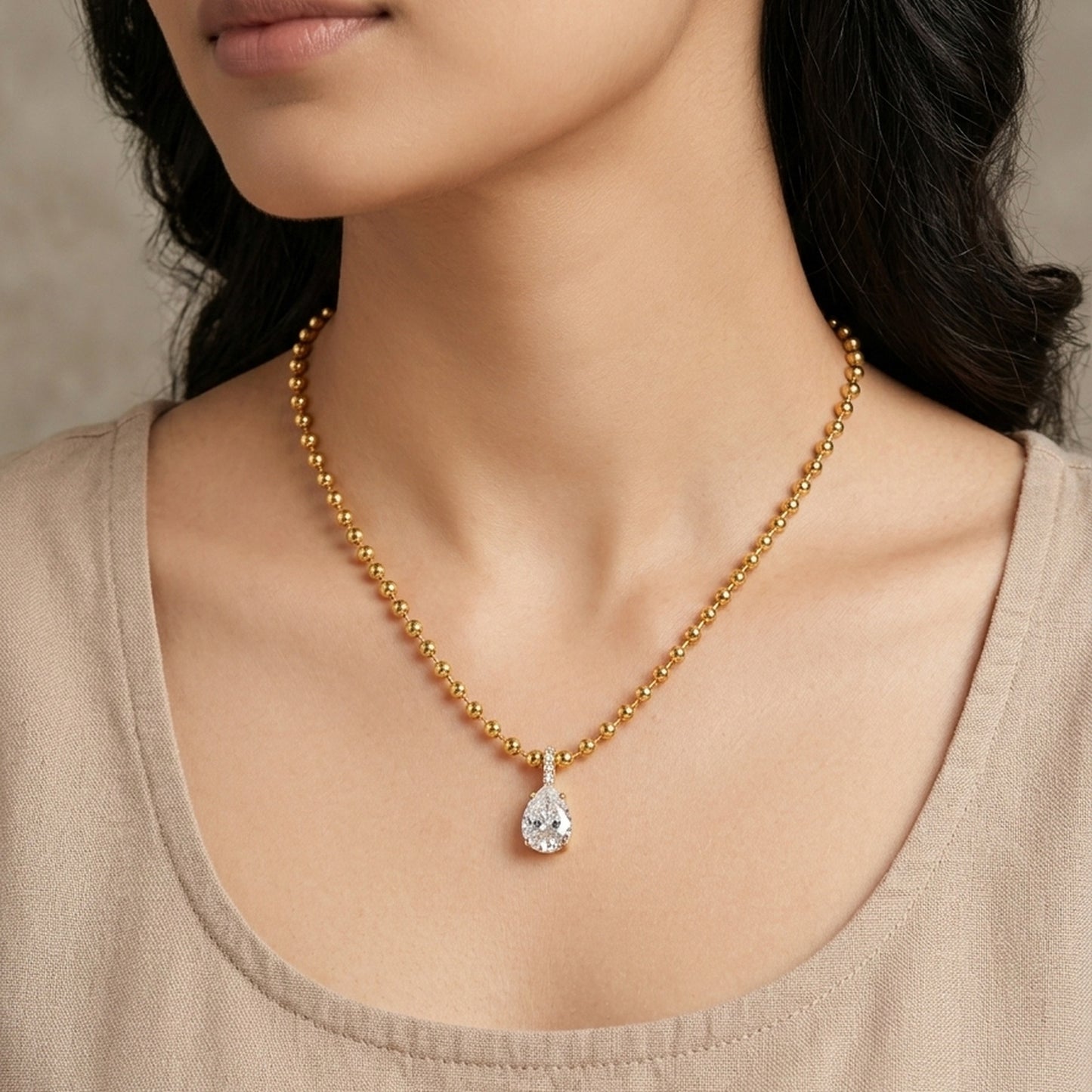 18K Gold Plated Ball Bead Chain Pear CZ Bar Pendant Necklace