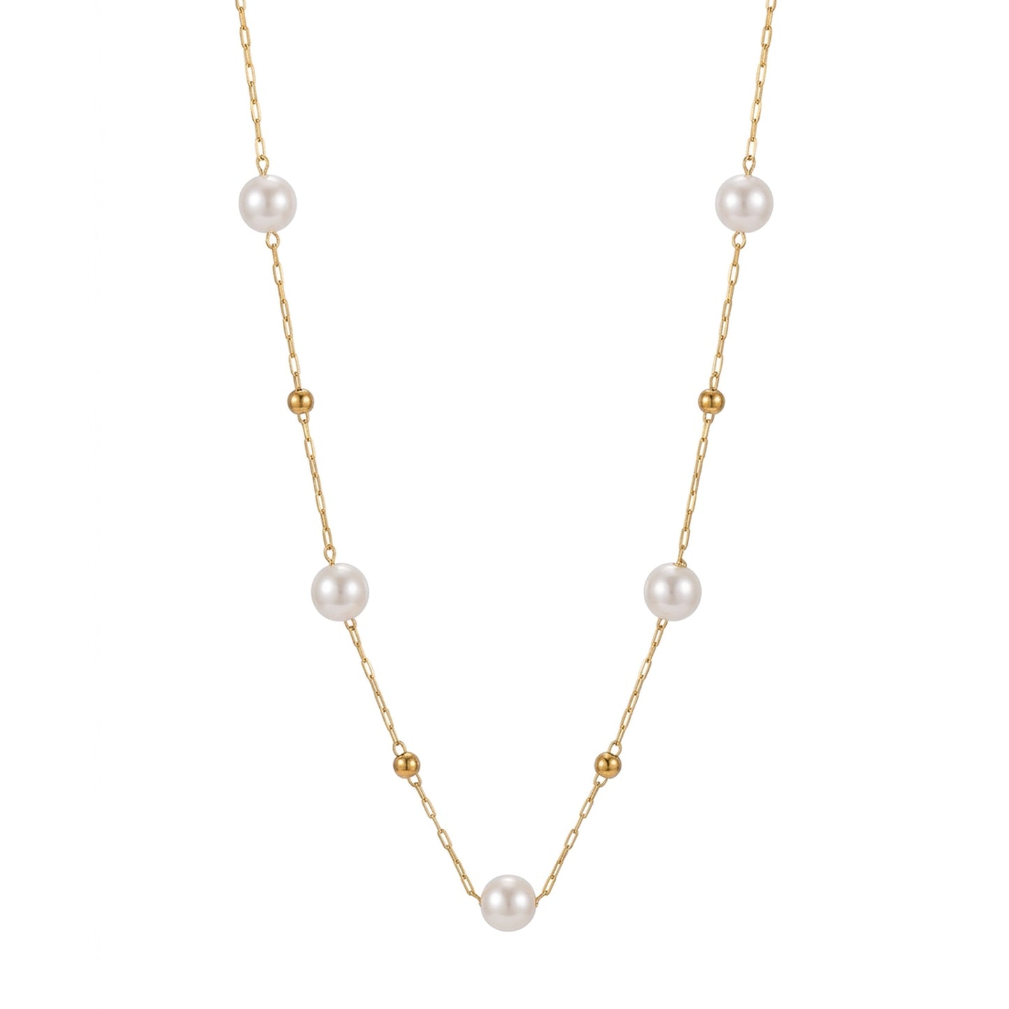 18K Gold Plated Pearl Station Paperclip Link Chain Necklace