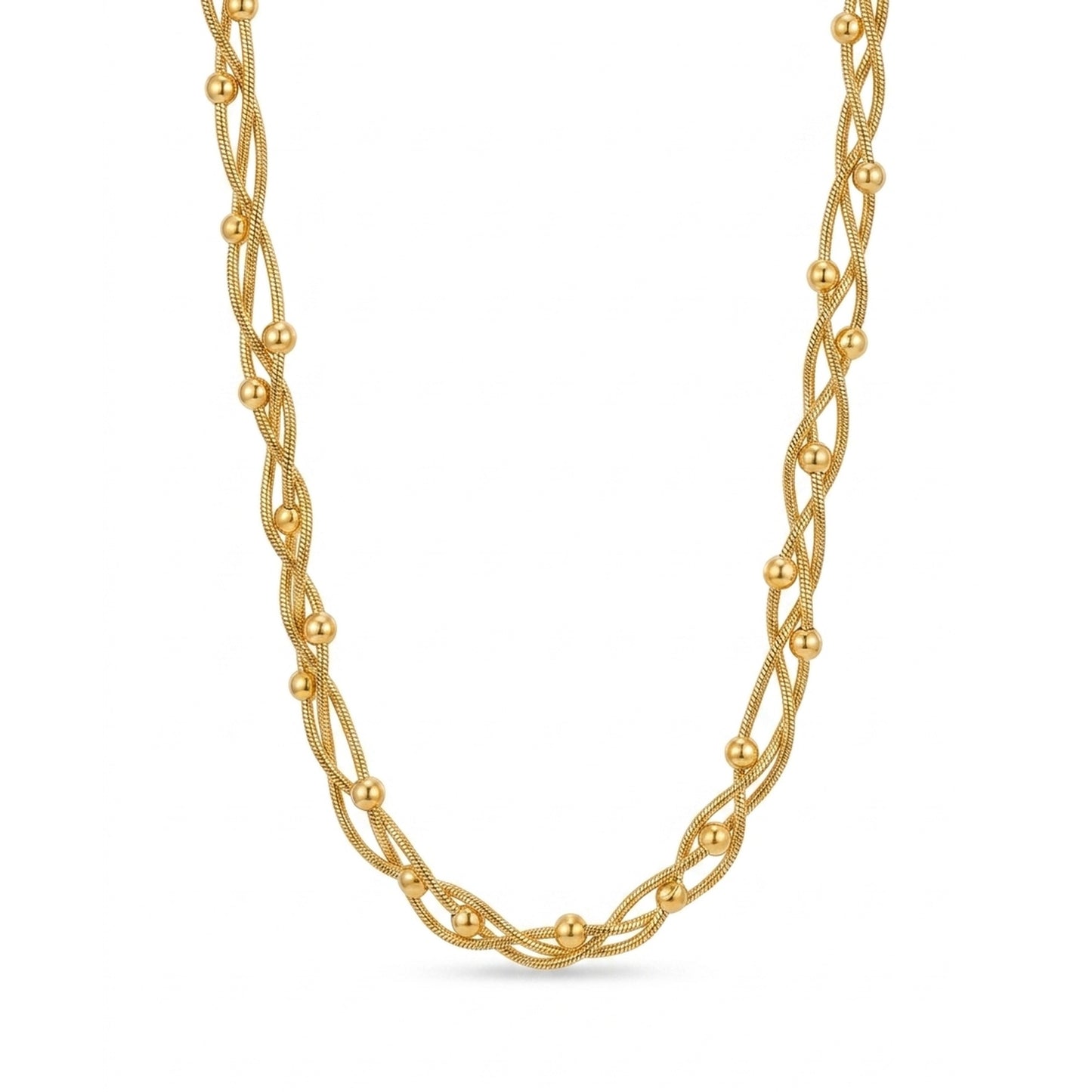 18K Gold Plated Braided Twisted Snake Chain Ball Station Necklace