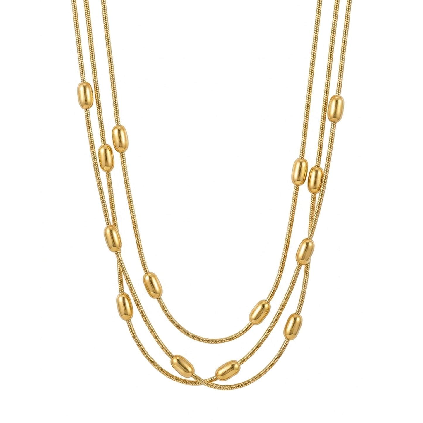 18K Gold Plated Triple Layered Snake Chain Oval Bead Station Necklace