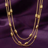 18K Gold Plated Triple Layered Snake Chain Oval Bead Station Necklace