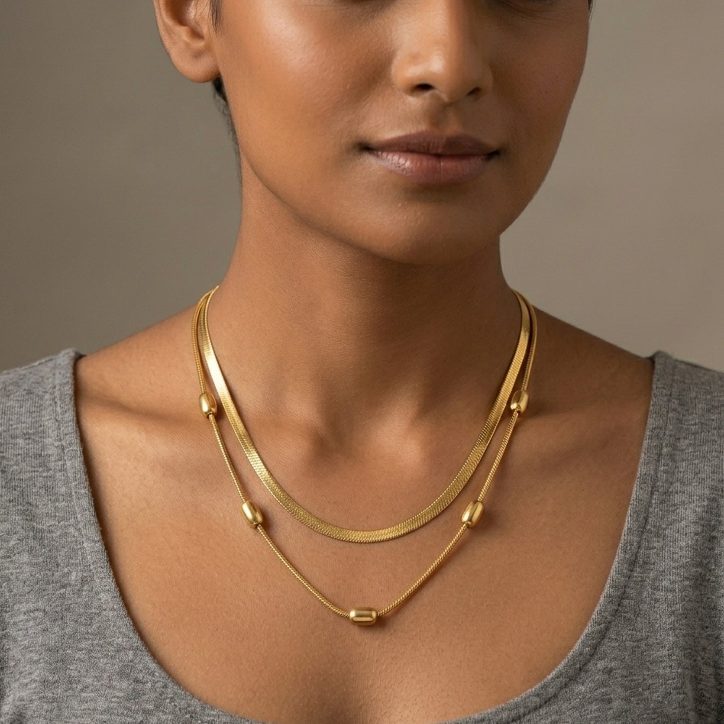 18K Gold Plated Double Herringbone Chain Oval Bead Station Necklace