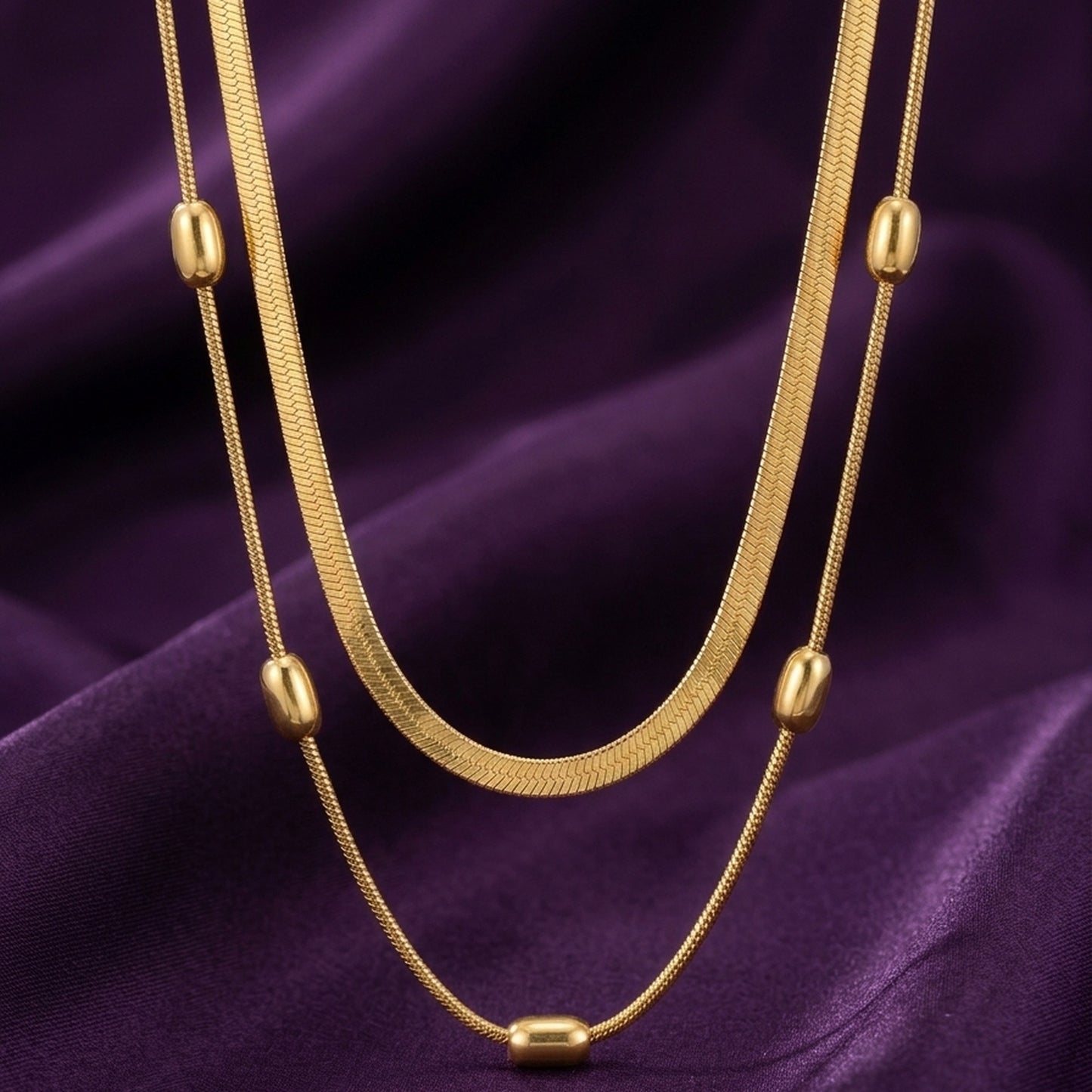 18K Gold Plated Double Herringbone Chain Oval Bead Station Necklace