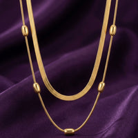 18K Gold Plated Double Herringbone Chain Oval Bead Station Necklace