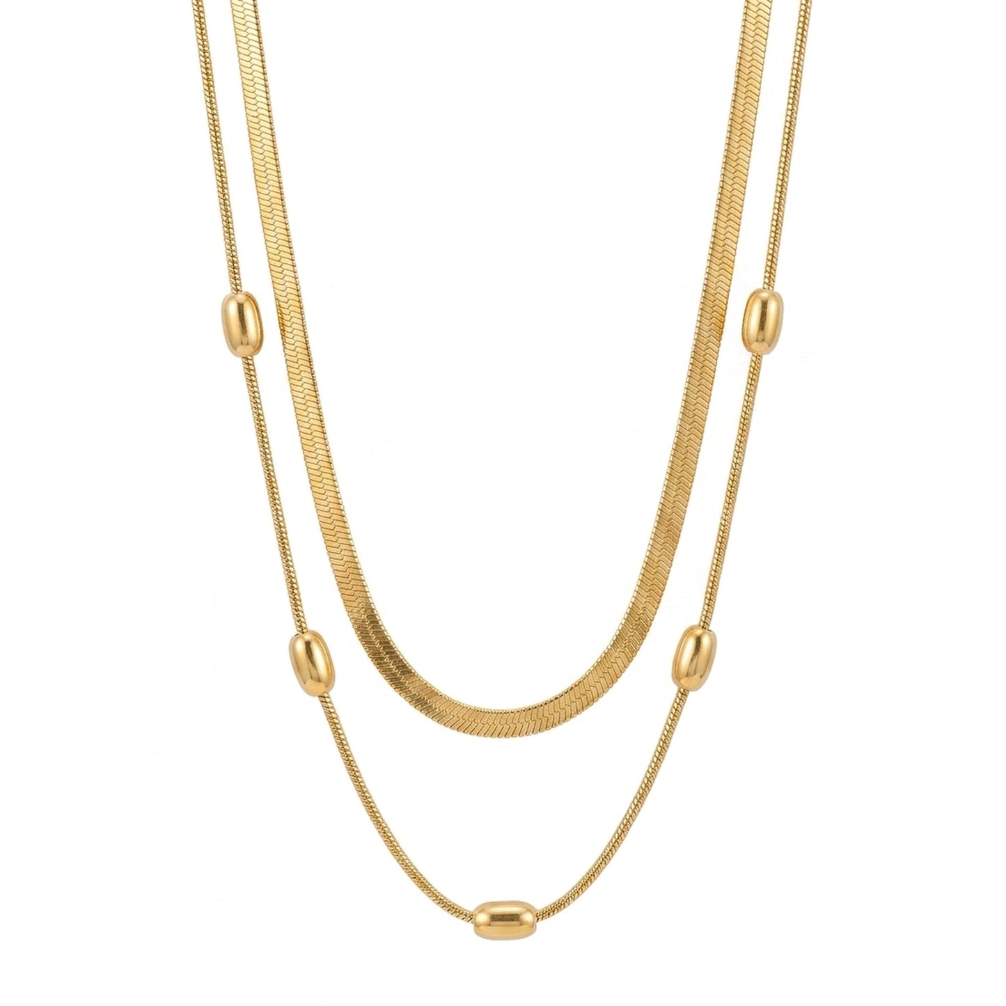18K Gold Plated Double Herringbone Chain Oval Bead Station Necklace