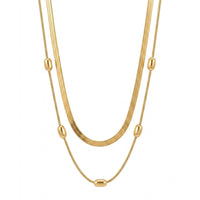 18K Gold Plated Double Herringbone Chain Oval Bead Station Necklace