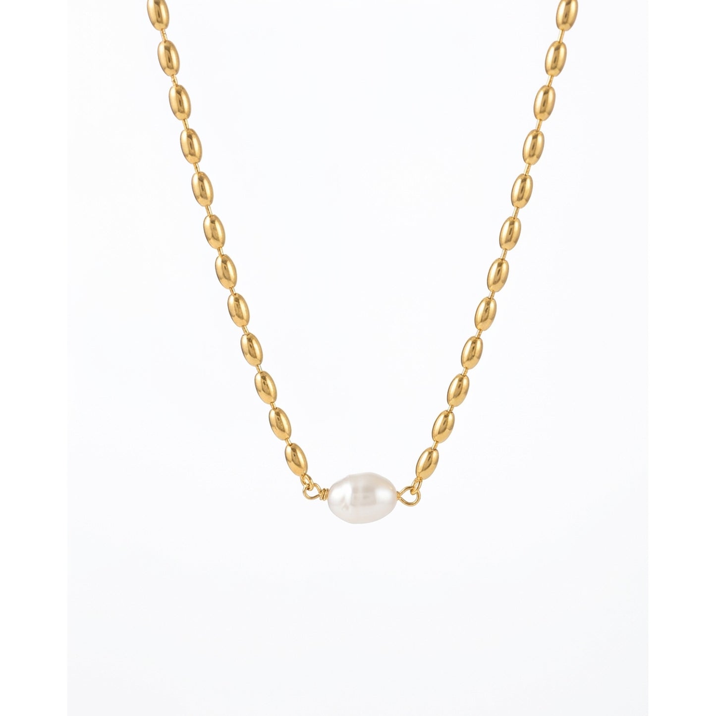 18K Gold Plated Oval Bead Chain Single Pearl Pendant Necklace