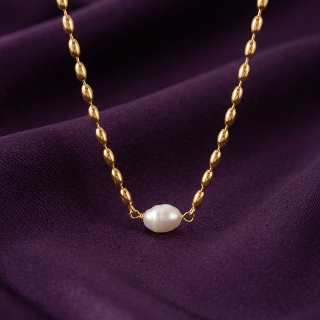 18K Gold Plated Oval Bead Chain Single Pearl Pendant Necklace