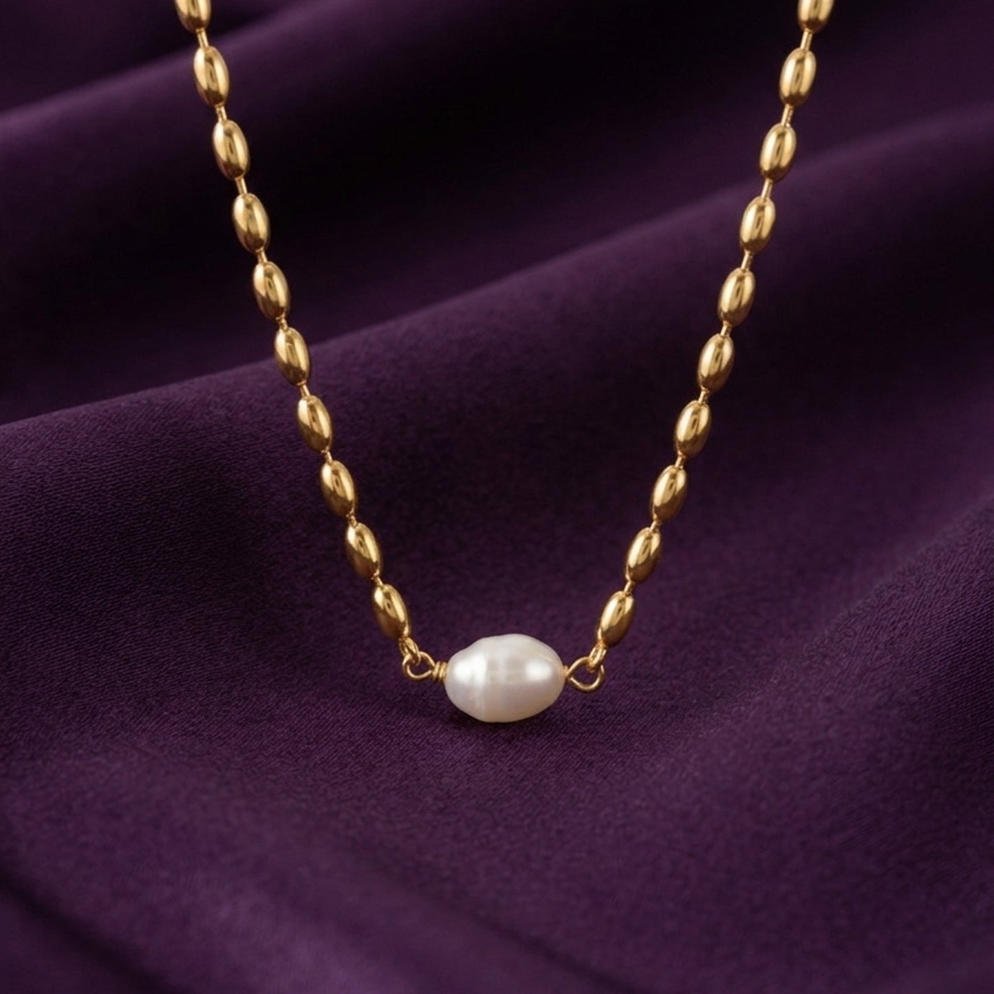 18K Gold Plated Oval Bead Chain Single Pearl Pendant Necklace