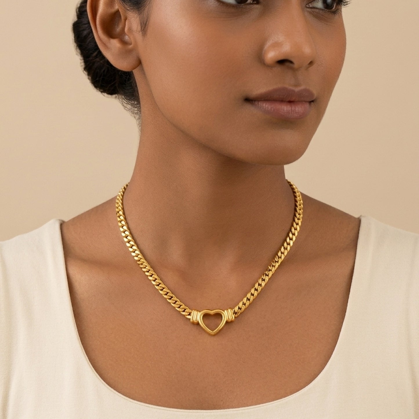 18K Gold Plated Chunky Curb Chain Open Heart Charm Necklace