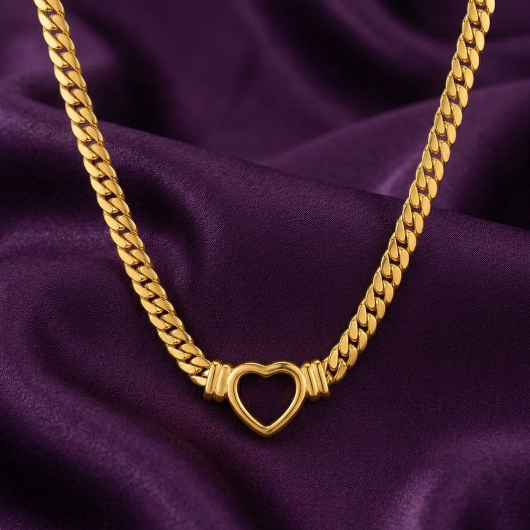 18K Gold Plated Chunky Curb Chain Open Heart Charm Necklace