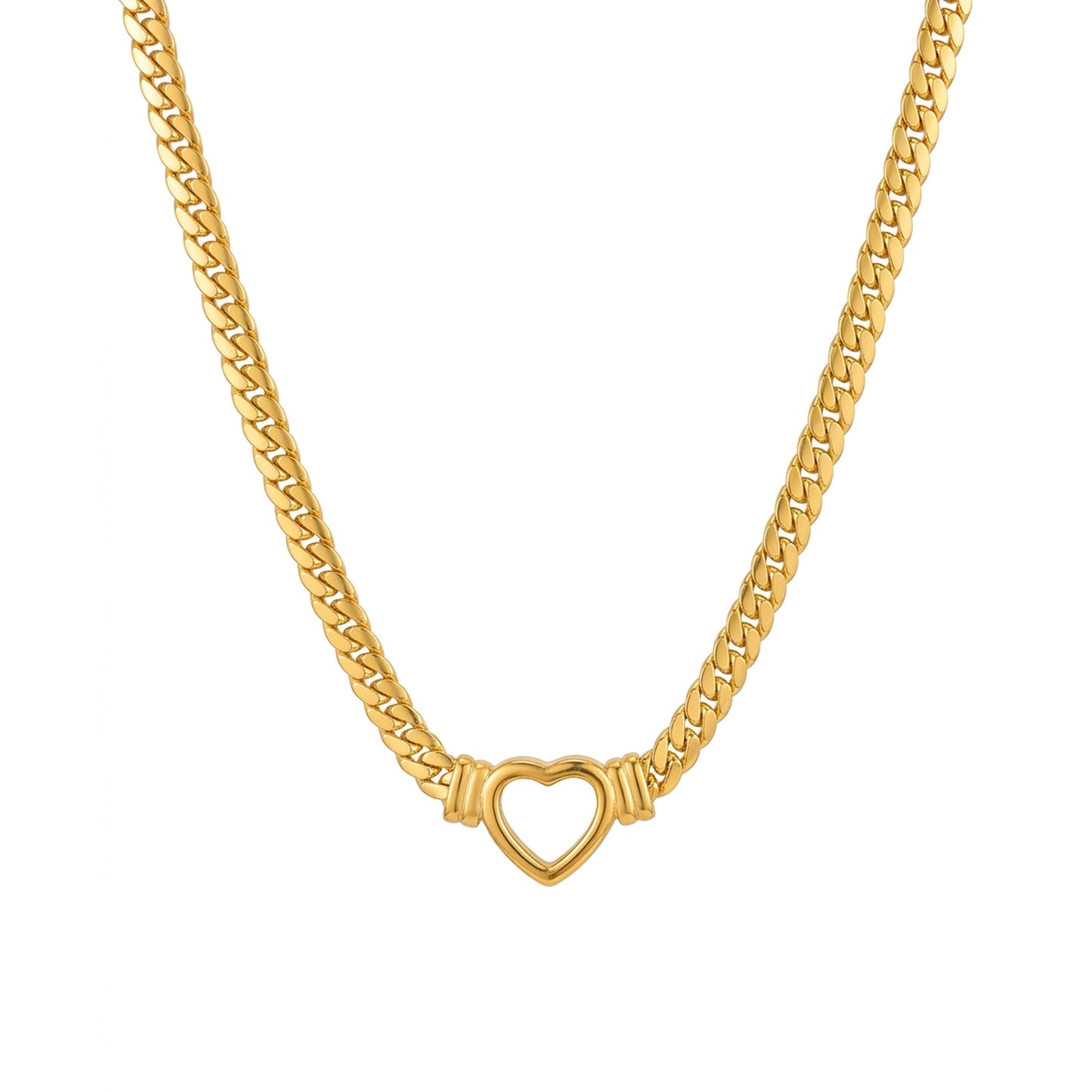 18K Gold Plated Chunky Curb Chain Open Heart Charm Necklace