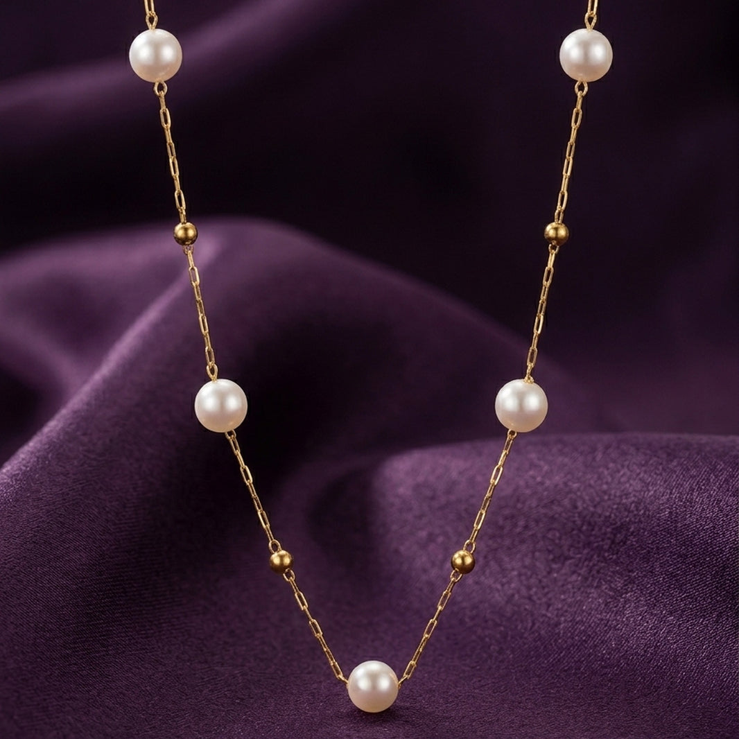 18K Gold Plated Five Pearl Station Paperclip Chain Necklace