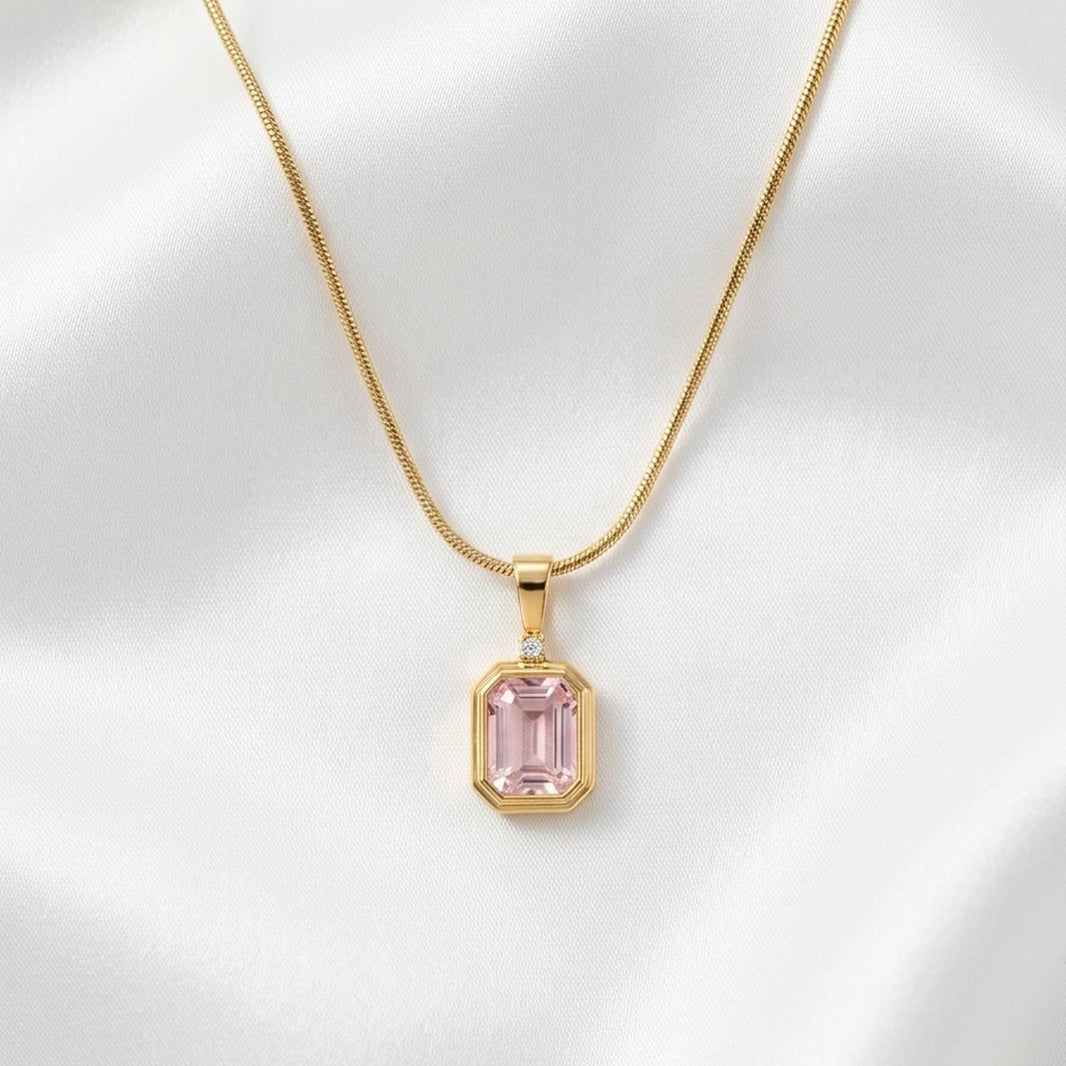18K Gold Plated Pink Emerald-Cut CZ Bezel Pendant Snake Chain Necklace