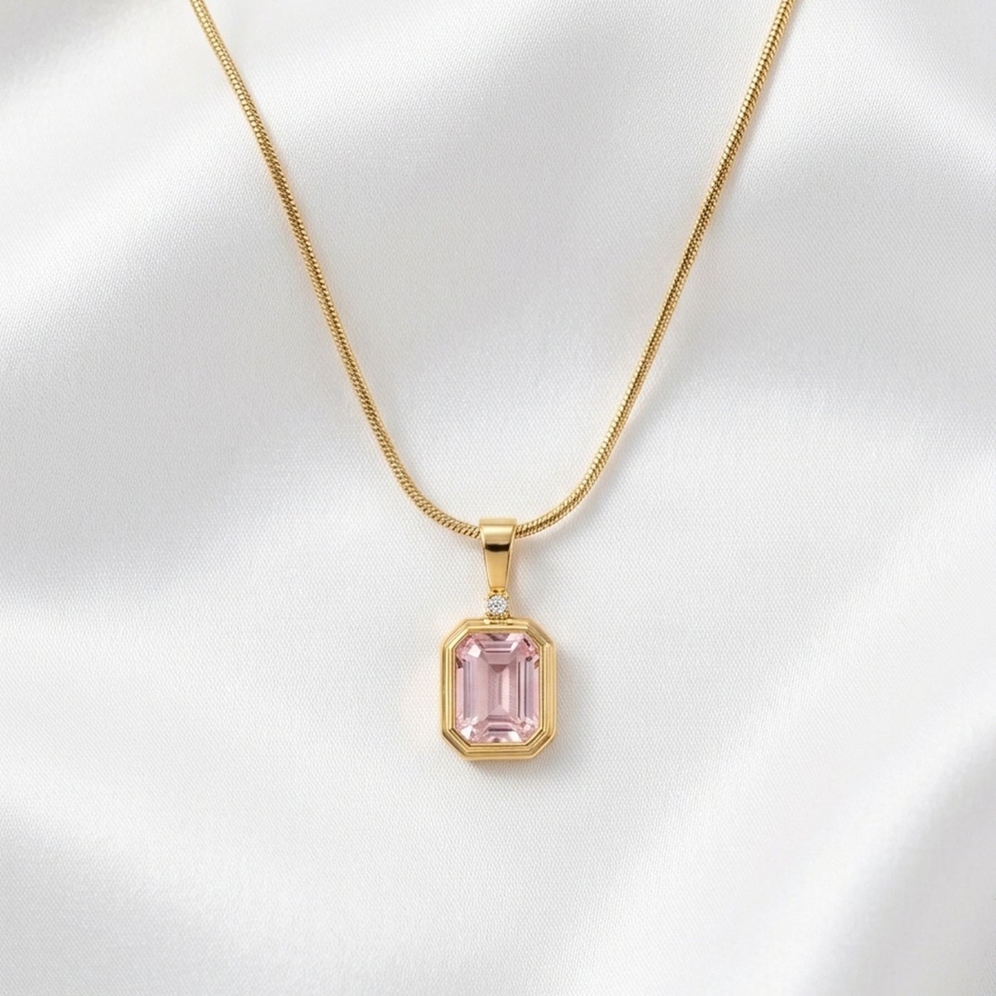 18K Gold Plated Pink Emerald-Cut CZ Bezel Pendant Snake Chain Necklace