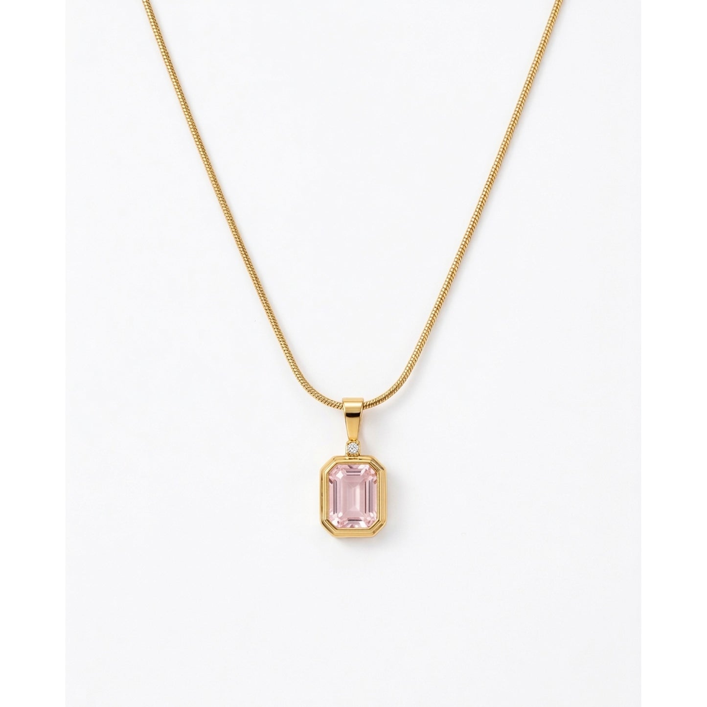 18K Gold Plated Pink Emerald-Cut CZ Bezel Pendant Snake Chain Necklace