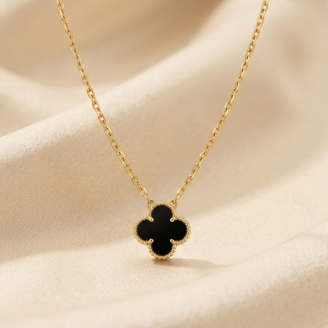 18K Gold Plated Black Enamel Clover Quatrefoil Pendant Necklace