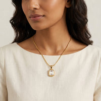 18K Gold Plated White Emerald-Cut CZ Bezel Pendant Snake Chain Necklace