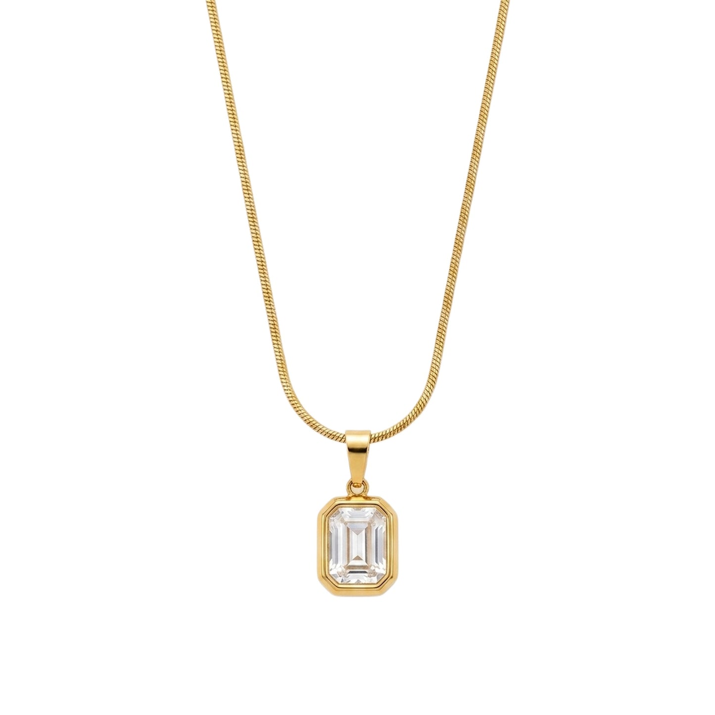 18K Gold Plated White Emerald-Cut CZ Bezel Pendant Snake Chain Necklace