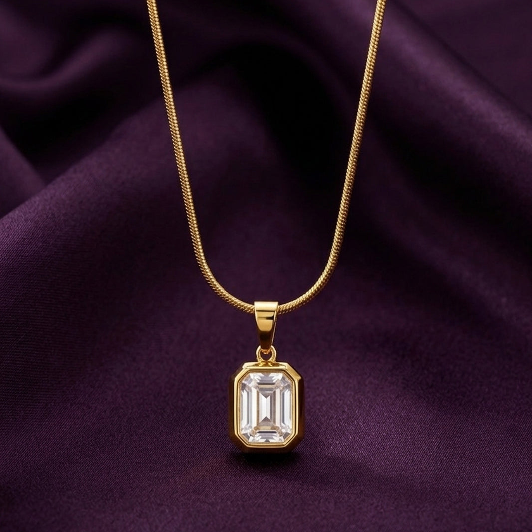 18K Gold Plated White Emerald-Cut CZ Bezel Pendant Snake Chain Necklace