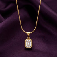 18K Gold Plated White Emerald-Cut CZ Bezel Pendant Snake Chain Necklace