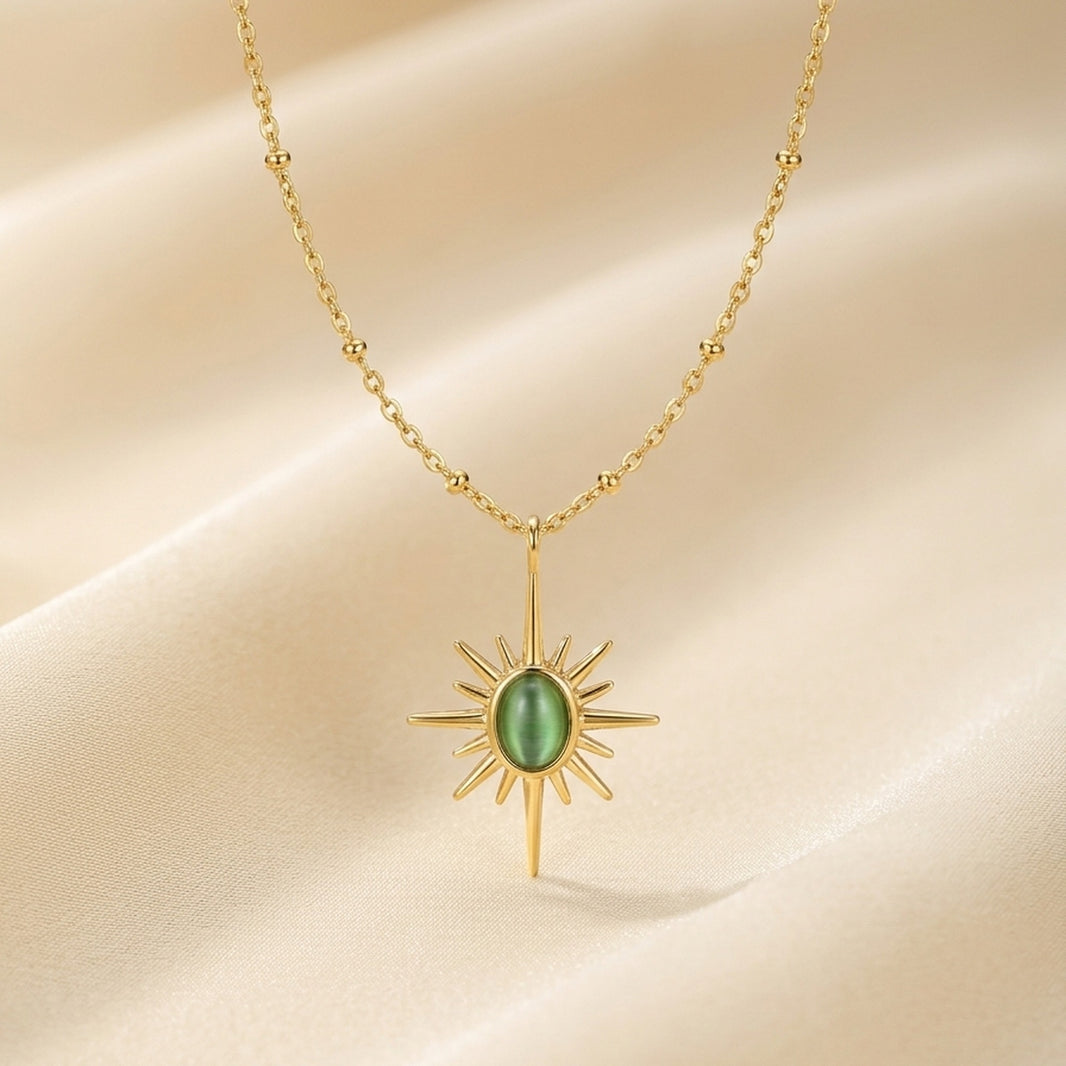 18K Gold Plated Green Cat-Eye North Star Pendant Satellite Chain Necklace