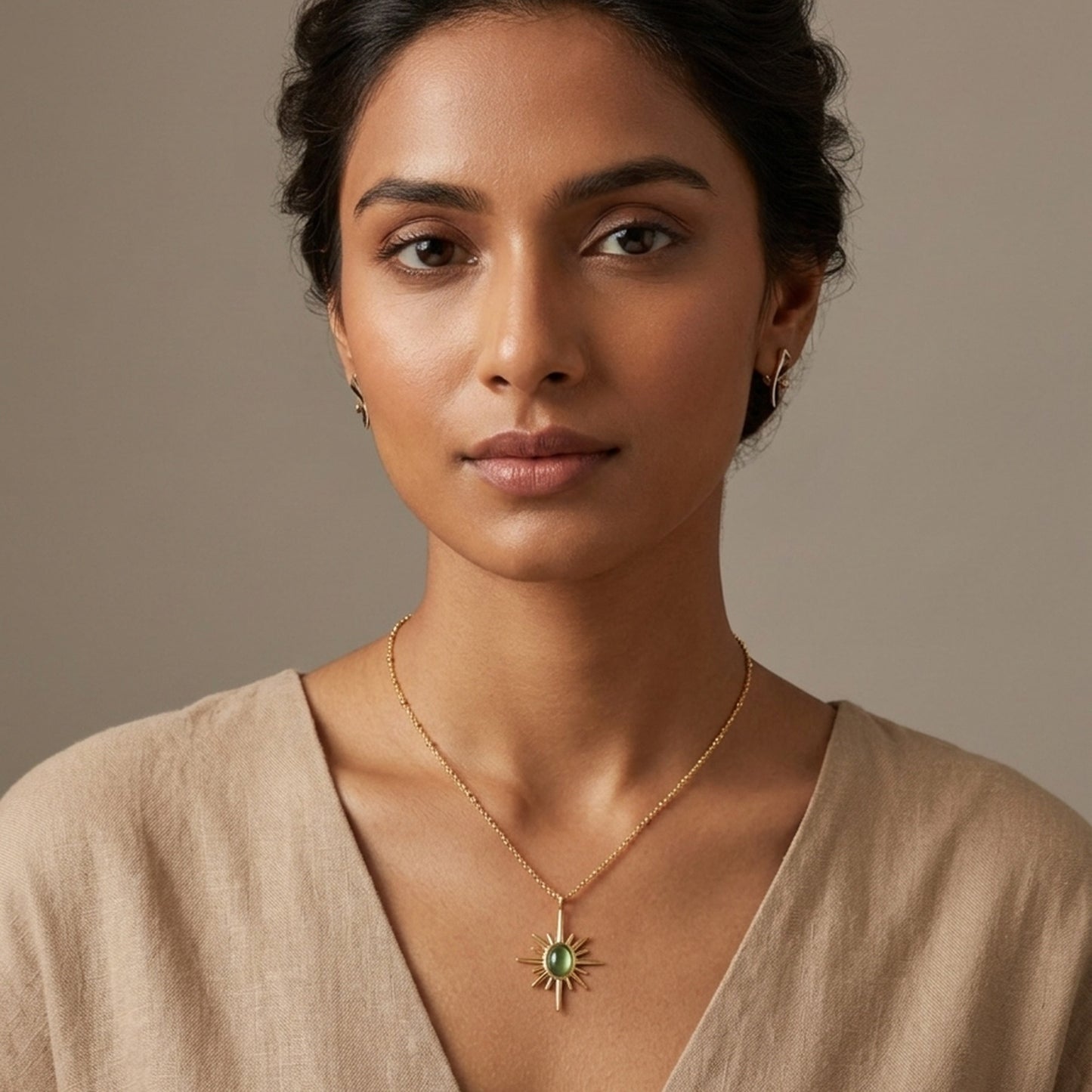 18K Gold Plated Green Cat-Eye North Star Pendant Satellite Chain Necklace