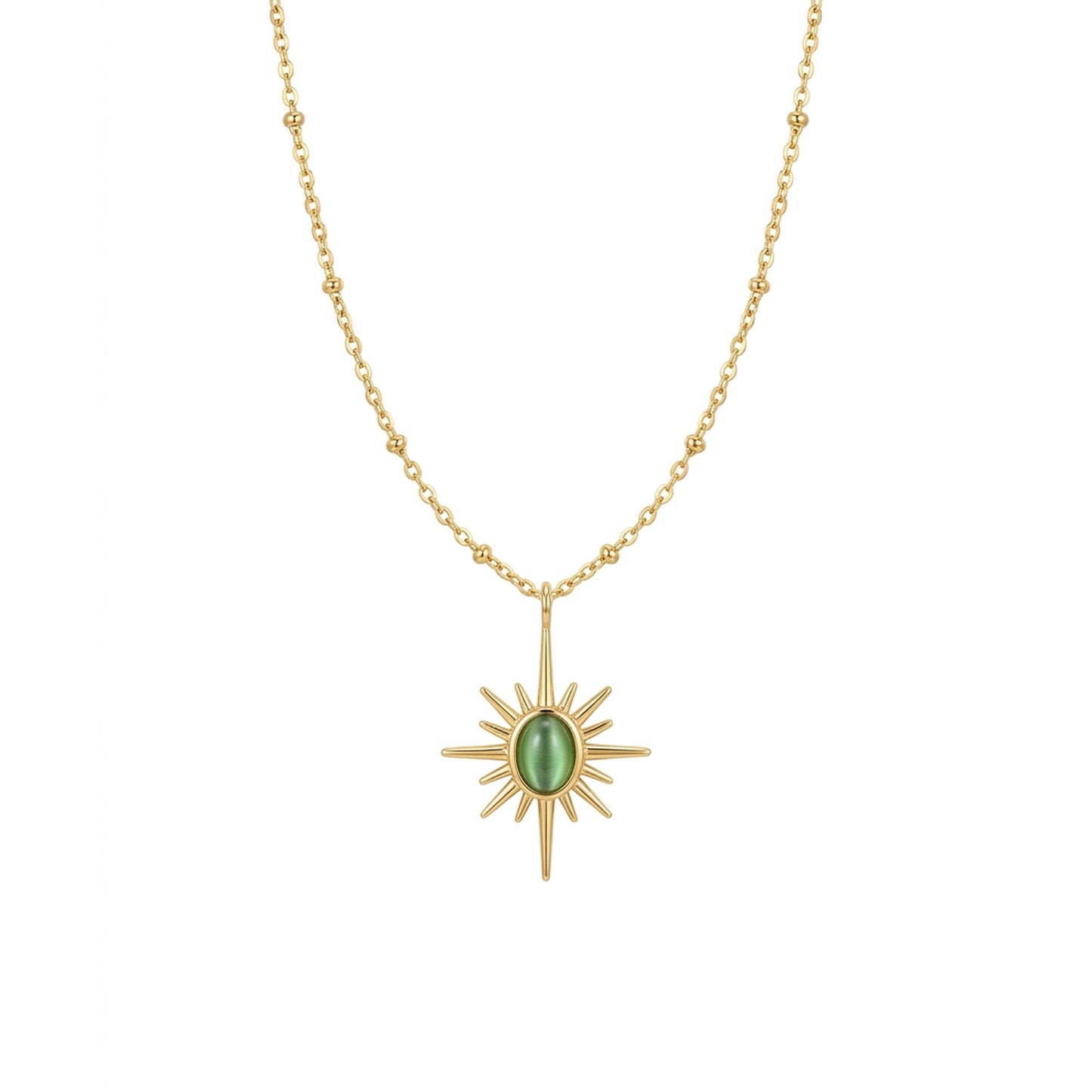 18K Gold Plated Green Cat-Eye North Star Pendant Satellite Chain Necklace